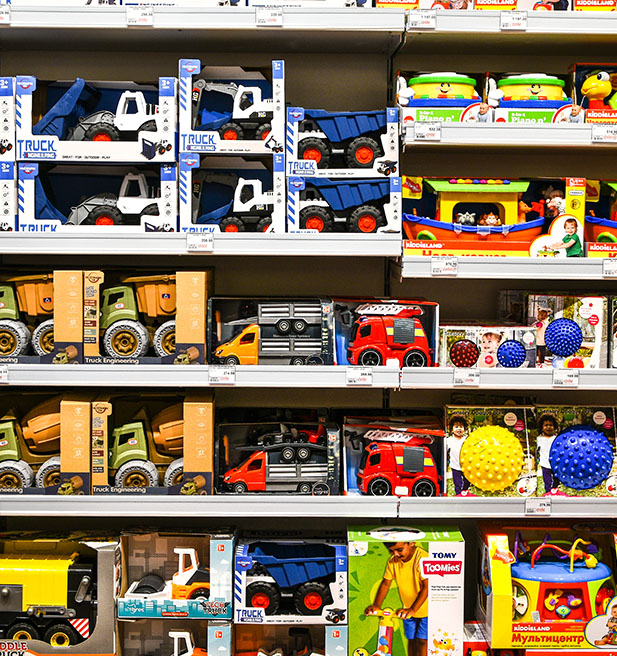 Toy trucks on a store shelf